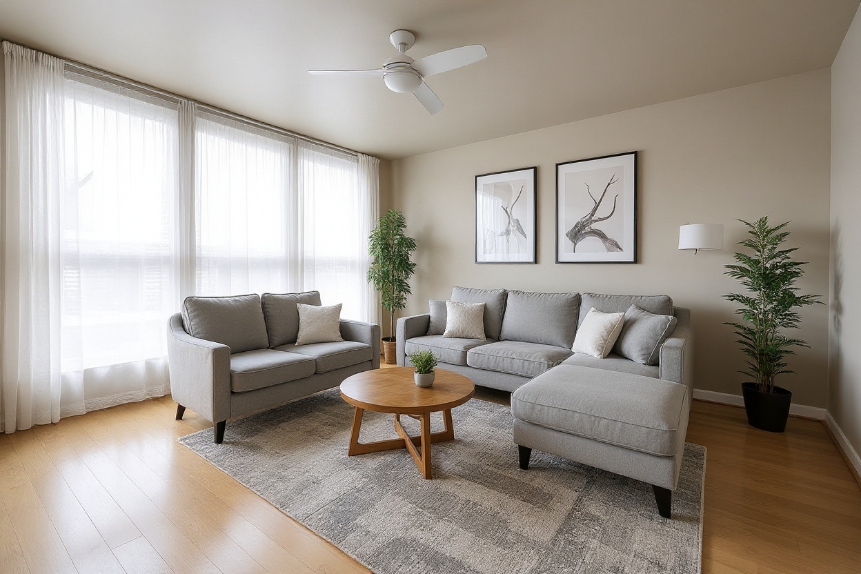 Same living room after AI virtual staging with modern furniture